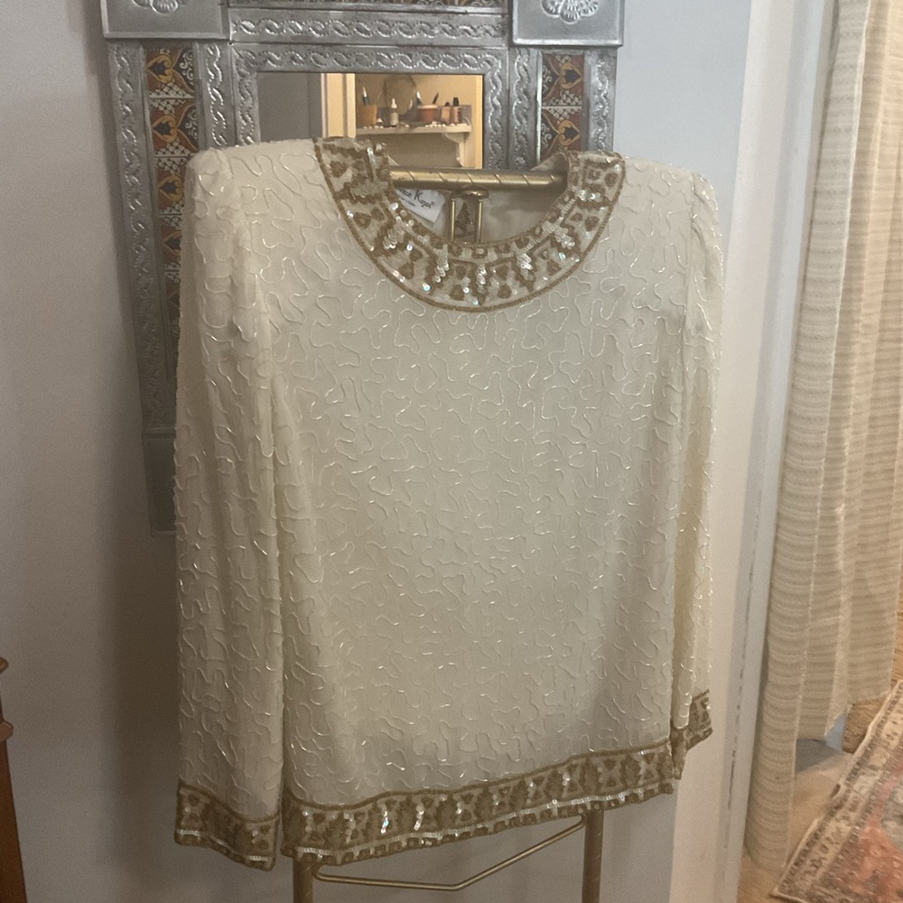 Laurence Kazar Cream Blouse with Gold Accents